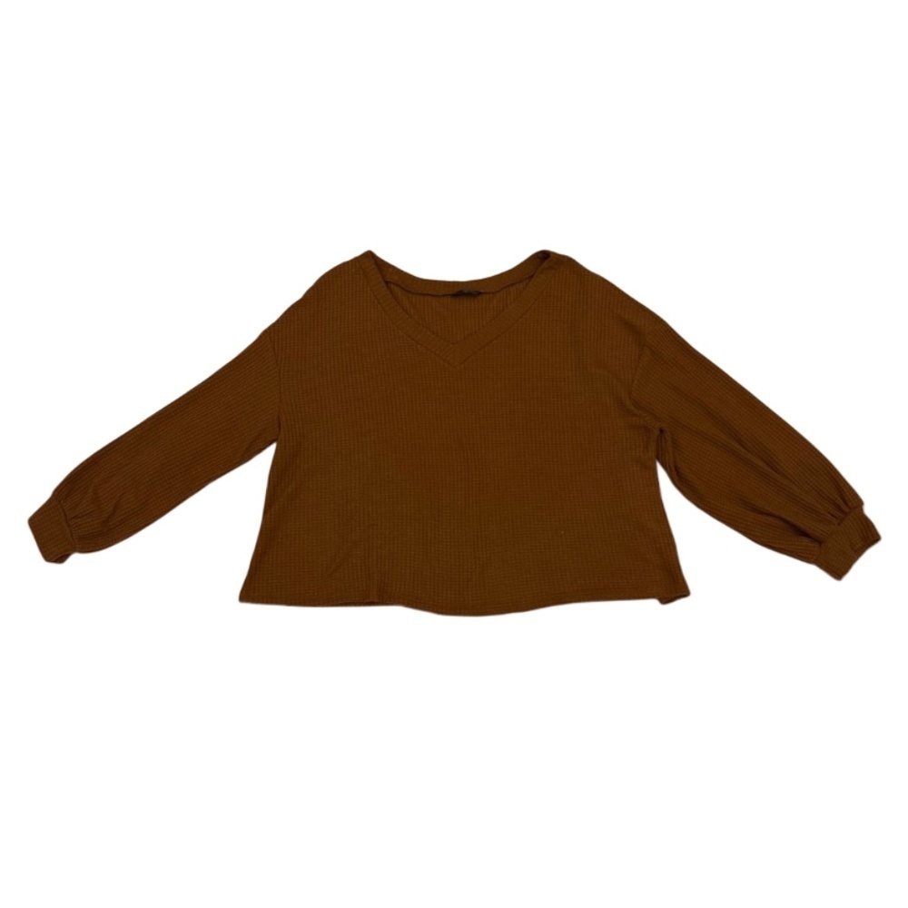 SHEIN Curve Waffle Knit V-Neck Top | Plus Size Brown Long Sleeve Pullover